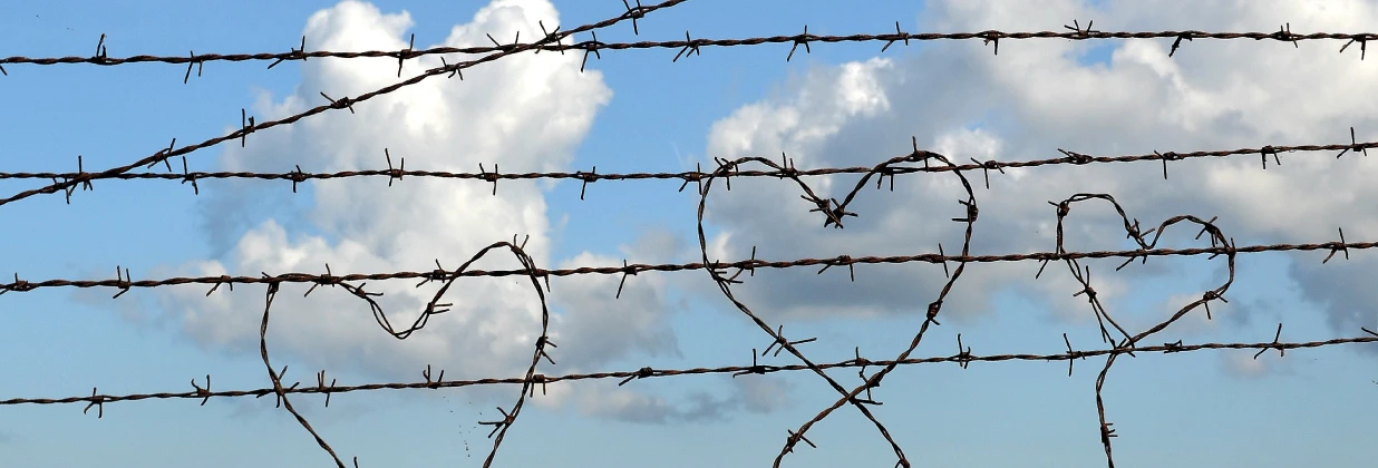 На фоне голубого неба с белыми облаками колючая проволока, расположенная горизонтально, но также из колючей проволоки сделаны фигуры в виде трёх сердец